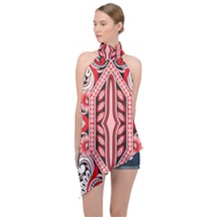 A Design Of A Red And White Pattern Halter Asymmetric Satin Top