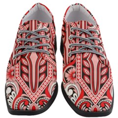 A Design Of A Red And White Pattern Women Heeled Oxford Shoes