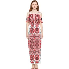 A Design Of A Red And White Pattern Draped Sleeveless Chiffon Jumpsuit