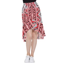 A Design Of A Red And White Pattern Frill Hi Low Chiffon Skirt