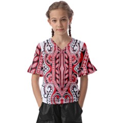 A Design Of A Red And White Pattern Kids  V-neck Horn Sleeve Blouse