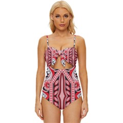 A Design Of A Red And White Pattern Knot Front One-piece Swimsuit