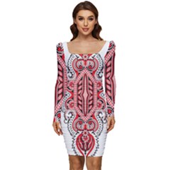 A Design Of A Red And White Pattern Women Long Sleeve Ruched Stretch Jersey Dress