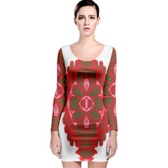 A Red And Brown Design On A White Background Long Sleeve Bodycon Dress