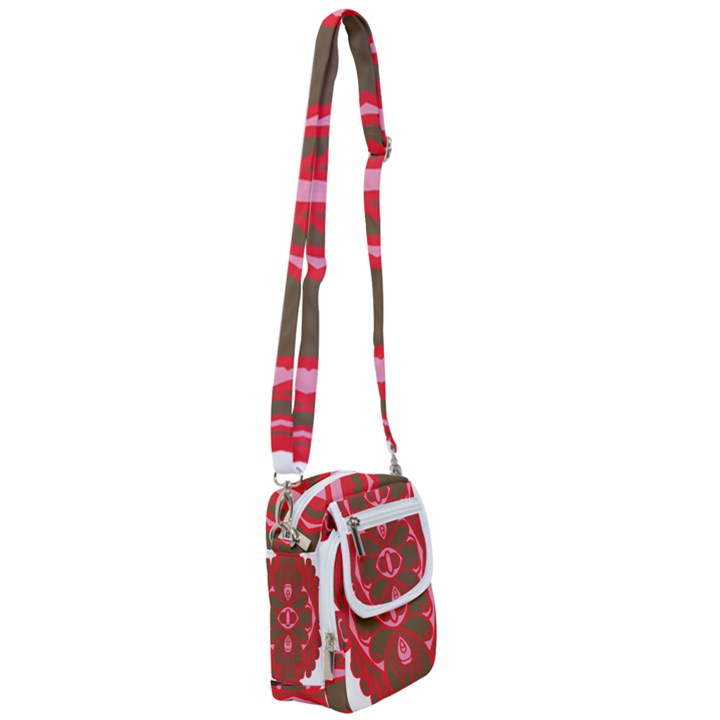 A Red And Brown Design On A White Background Shoulder Strap Belt Bag