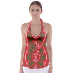 A Red And Brown Design On A White Background Tie Back Tankini Top