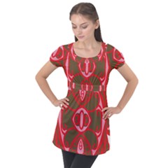 A Red And Brown Design On A White Background Puff Sleeve Tunic Top