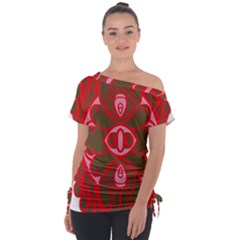 A Red And Brown Design On A White Background Off Shoulder Tie-up T-shirt