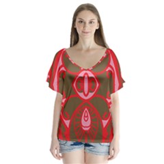 A Red And Brown Design On A White Background V-neck Flutter Sleeve Top