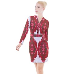 A Red And Brown Design On A White Background Button Long Sleeve Dress