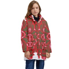 A Red And Brown Design On A White Background Kids  Hooded Longline Puffer Jacket