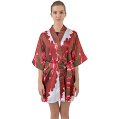 A Red And Brown Design On A White Background Half Sleeve Satin Kimono 