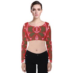 A Red And Brown Design On A White Background Velvet Long Sleeve Crop Top