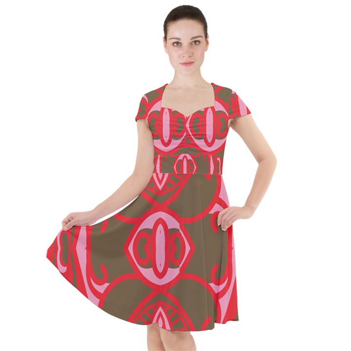 A Red And Brown Design On A White Background Cap Sleeve Midi Dress