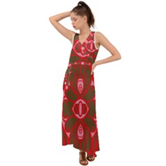 A Red And Brown Design On A White Background V-neck Chiffon Maxi Dress