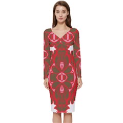 A Red And Brown Design On A White Background Long Sleeve V-neck Bodycon Dress 