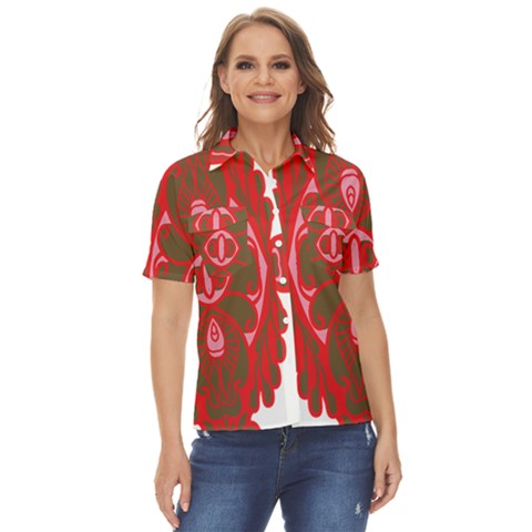 A Red And Brown Design On A White Background Women s Short Sleeve Double Pocket Shirt by catchydesignhill