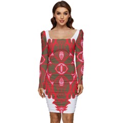 A Red And Brown Design On A White Background Women Long Sleeve Ruched Stretch Jersey Dress