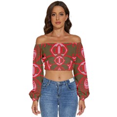 A Red And Brown Design On A White Background Long Sleeve Crinkled Weave Crop Top