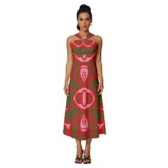 A Red And Brown Design On A White Background Sleeveless Cross Front Cocktail Midi Chiffon Dress