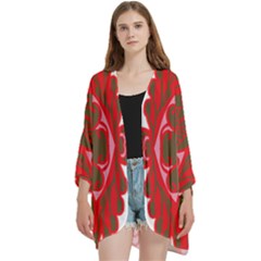 A Red And Brown Design On A White Background Open Front 3/4 Sleeve Batwing Chiffon Cardigan Kimono by catchydesignhill