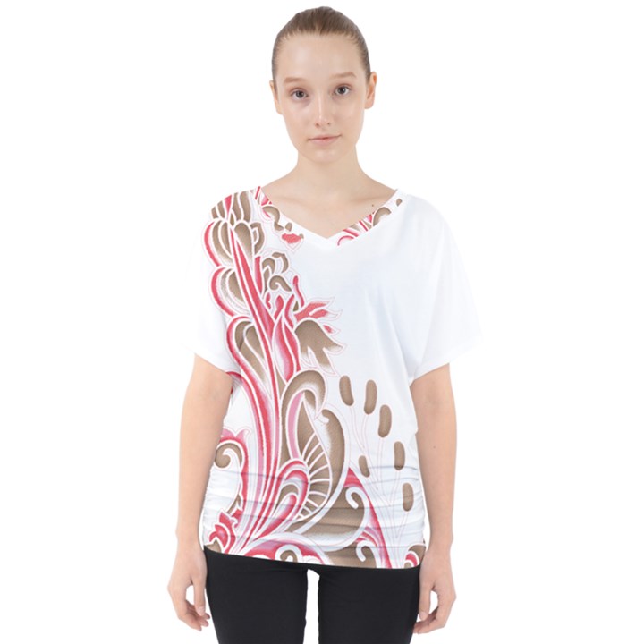 A Drawing Of A Bird With Flowers On It V-Neck Dolman Drape Top