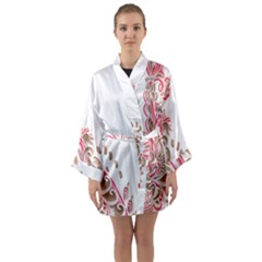 A Drawing Of A Bird With Flowers On It Long Sleeve Satin Kimono