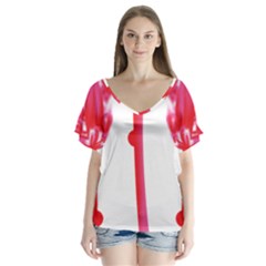 Three Pink Flowers With A Black Background V-neck Flutter Sleeve Top