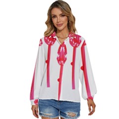 Three Pink Flowers With A Black Background Women s Long Sleeve Button Up Shirt