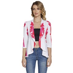 Three Pink Flowers With A Black Background Women s 3/4 Sleeve Ruffle Edge Open Front Jacket