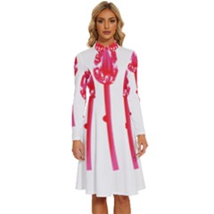 Three Pink Flowers With A Black Background Long Sleeve Shirt Collar A-line Dress