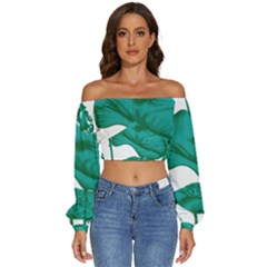 A Painting Of A Flower And A Fish On A Black Background Long Sleeve Crinkled Weave Crop Top