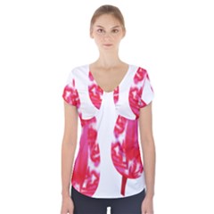 A Pair Of Red Leaves On A Black Background Short Sleeve Front Detail Top