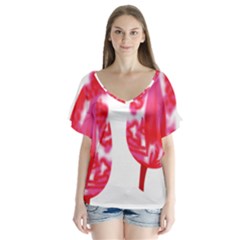 A Pair Of Red Leaves On A Black Background V-neck Flutter Sleeve Top