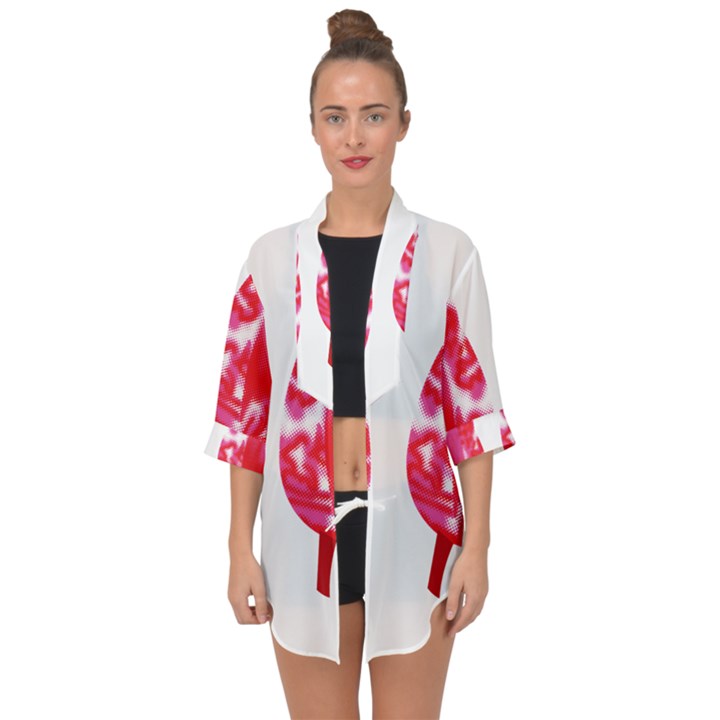 A Pair Of Red Leaves On A Black Background Open Front Chiffon Kimono