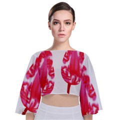 A Pair Of Red Leaves On A Black Background Tie Back Butterfly Sleeve Chiffon Top