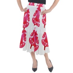 A Pair Of Red Leaves On A Black Background Midi Mermaid Skirt