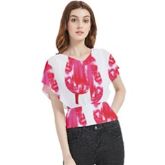 A Pair Of Red Leaves On A Black Background Butterfly Chiffon Blouse