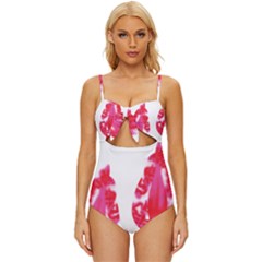 A Pair Of Red Leaves On A Black Background Knot Front One-piece Swimsuit