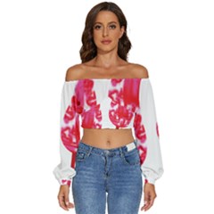 A Pair Of Red Leaves On A Black Background Long Sleeve Crinkled Weave Crop Top