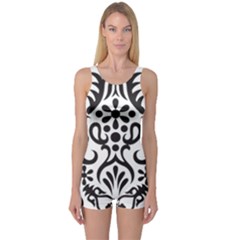 A Black And White Image Of An Ornate Design One Piece Boyleg Swimsuit