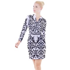 A Black And White Image Of An Ornate Design Button Long Sleeve Dress