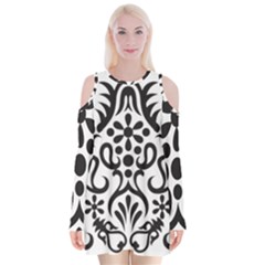 A Black And White Image Of An Ornate Design Velvet Long Sleeve Shoulder Cutout Dress