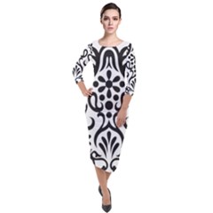 A Black And White Image Of An Ornate Design Quarter Sleeve Midi Velour Bodycon Dress