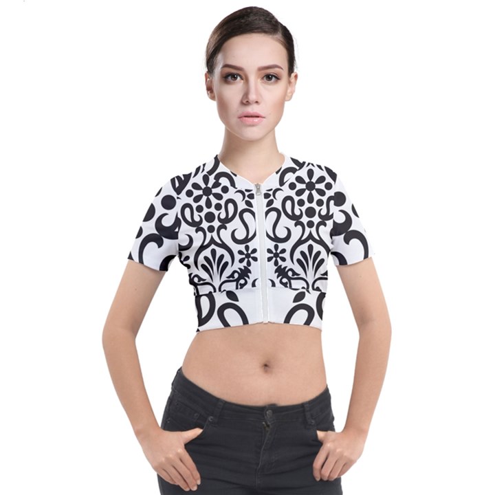 A Black And White Image Of An Ornate Design Short Sleeve Cropped Jacket