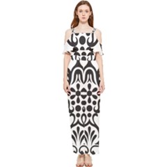 A Black And White Image Of An Ornate Design Draped Sleeveless Chiffon Jumpsuit