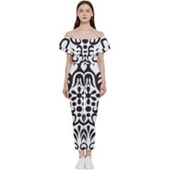 A Black And White Image Of An Ornate Design Bardot Ruffle Jumpsuit