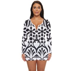 A Black And White Image Of An Ornate Design Long Sleeve Boyleg Swimsuit