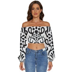 A Black And White Image Of An Ornate Design Long Sleeve Crinkled Weave Crop Top