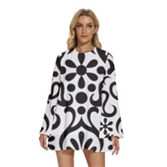 A Black And White Image Of An Ornate Design Round Neck Long Sleeve Bohemian Style Chiffon Mini Dress